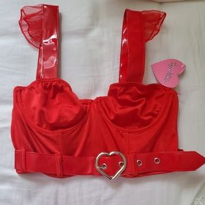 Red sweetheart top with heart buckle
